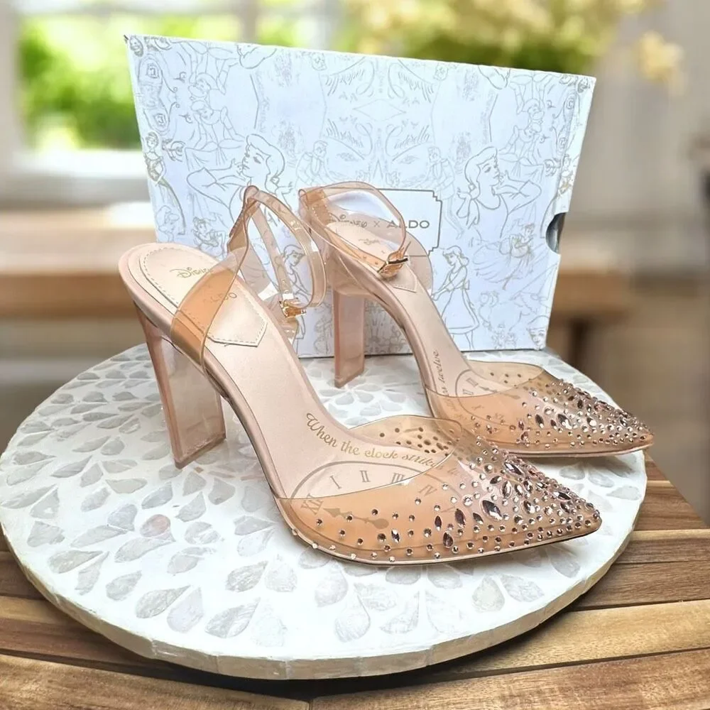 Disney x ALDO Glass Slipper Heels Clear Rhinestone Cinderella Pumps Bone Size 7.